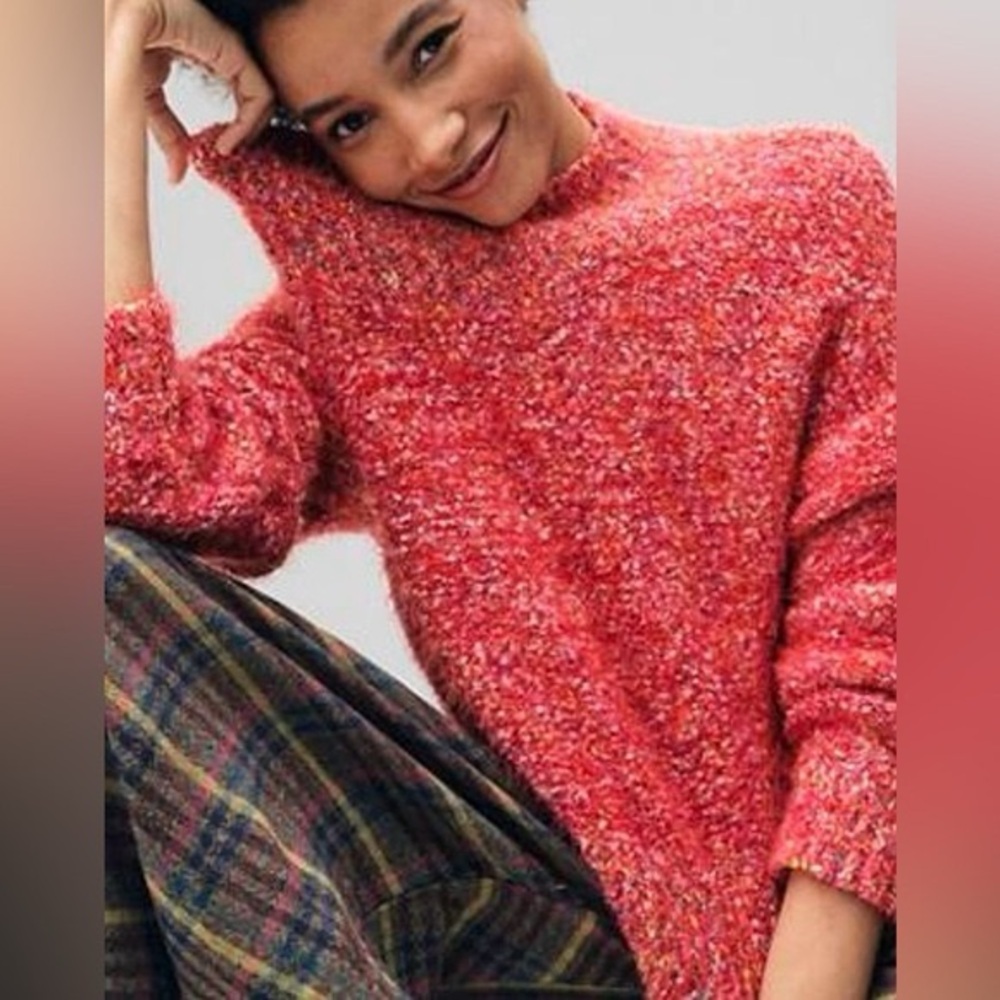 Free People Stardust Pullover Sweater Pink with Red Orange Neon Speckle